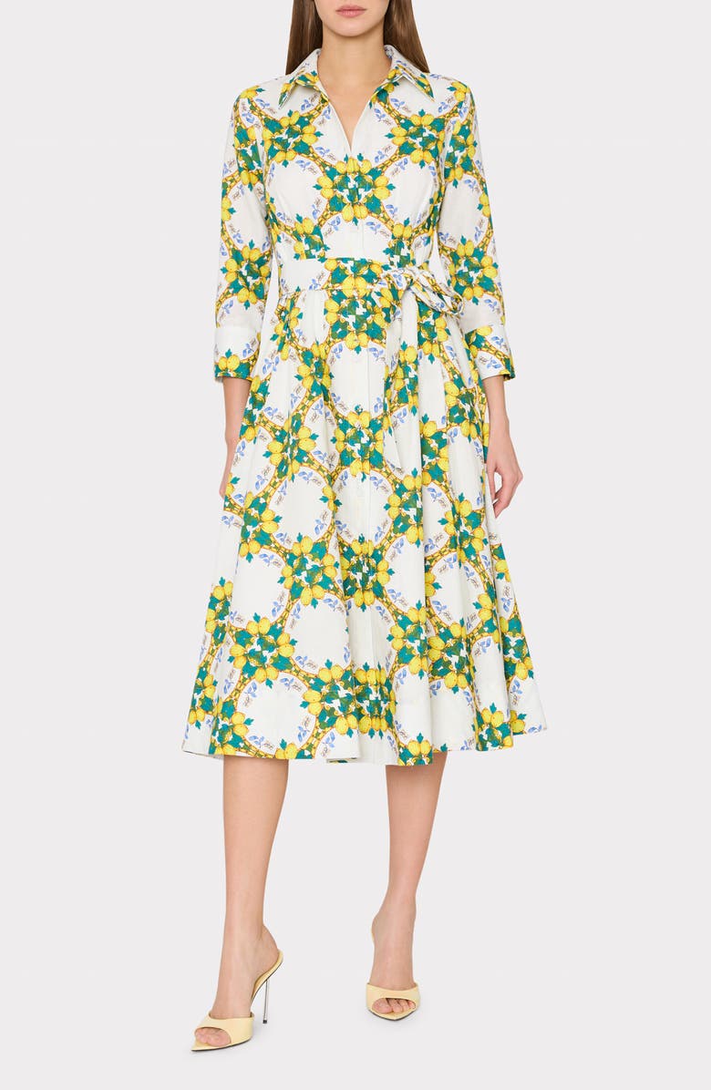 Milly Lexi Print Tie Waist Midi Shirtdress, Main, color, Yellow Multi
