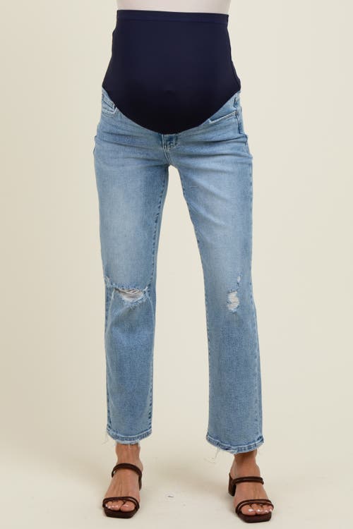 Pinkblush Distressed Open Knee Ankle Straight Leg Maternity Jeans In Blue