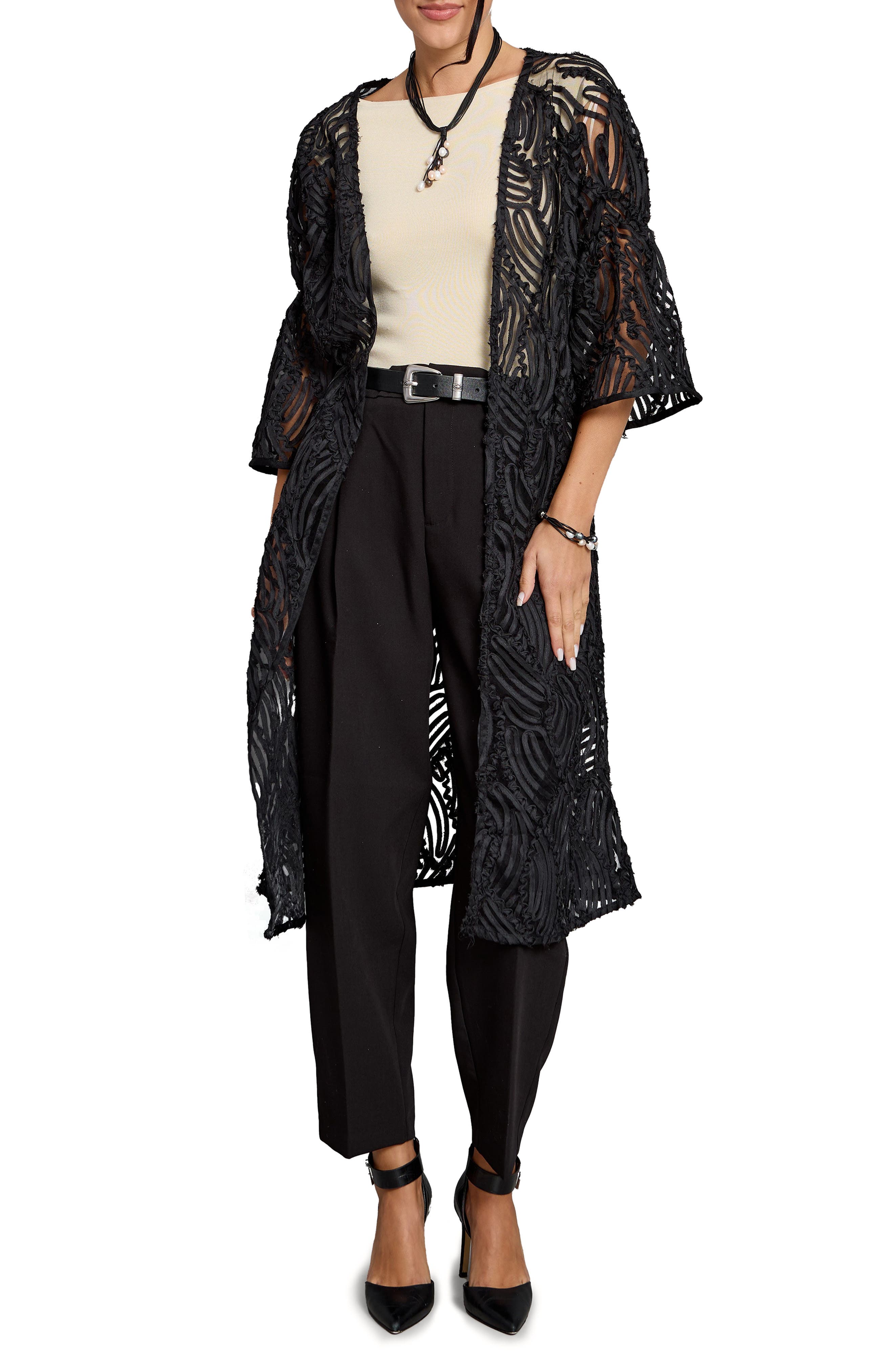 SAACHI Ribbon Trim Balloon Sleeve Ruana