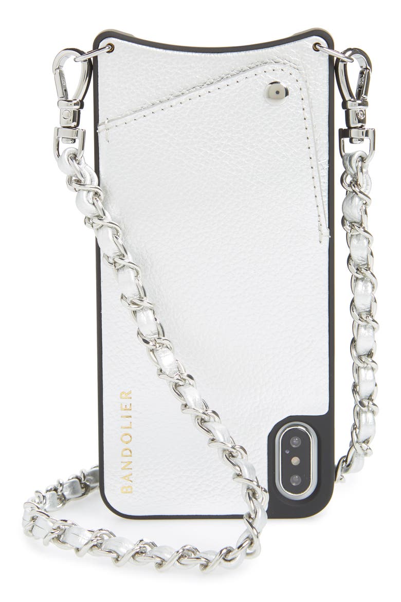Sarah Leather iPhone 8/8 Plus/X/Xs/Xs Max & XR Crossbody Case, Main, color, SILVER/ SILVER