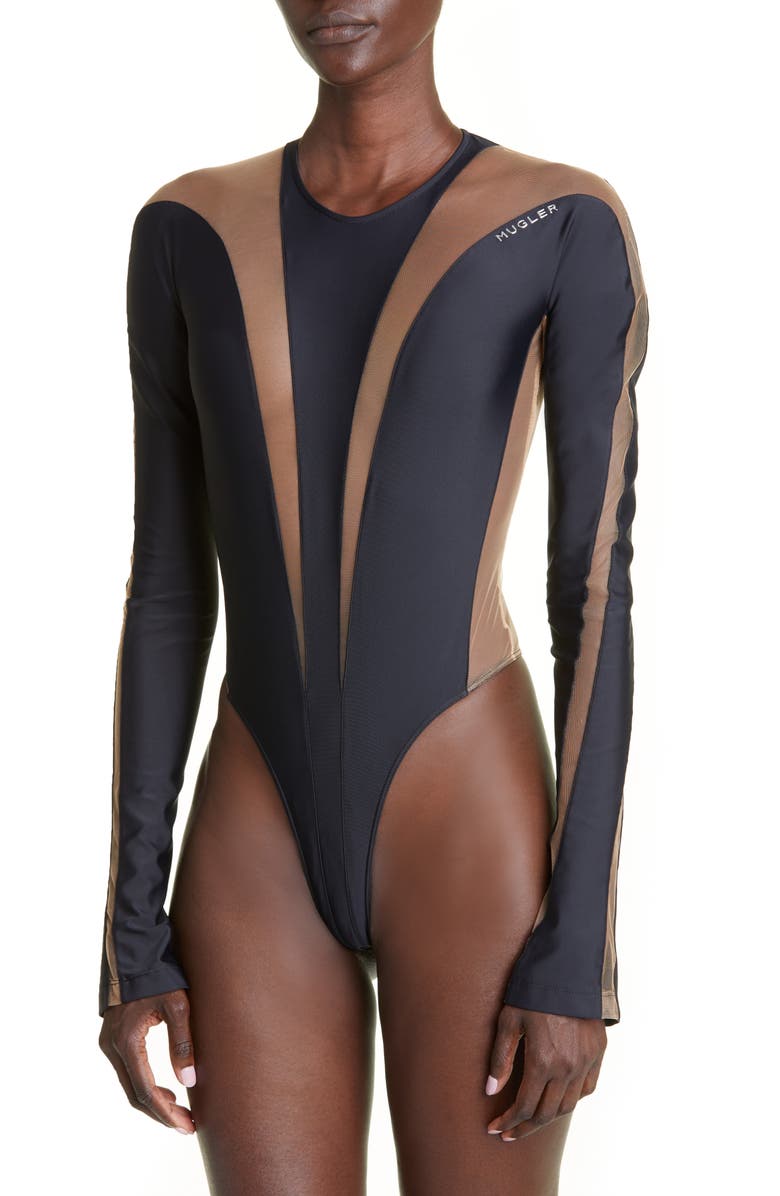 MUGLER Illusion Long Sleeve Bodysuit, Alternate, color,