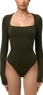 Naked Wardrobe Squared Away Long Sleeve Thong Bodysuit