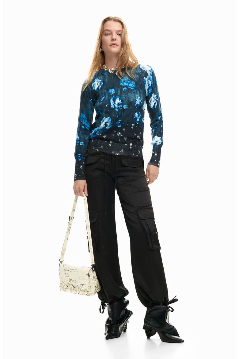 Floral Fine Gauge Crewneck Sweater, Alternate, color, BLACK/ BLUE