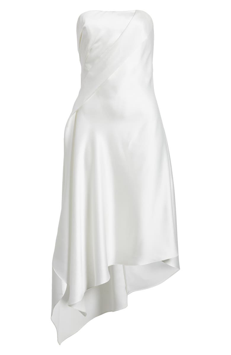 Amsale Asymmetric Strapless Satin Midi Dress, Alternate, color, Ivory