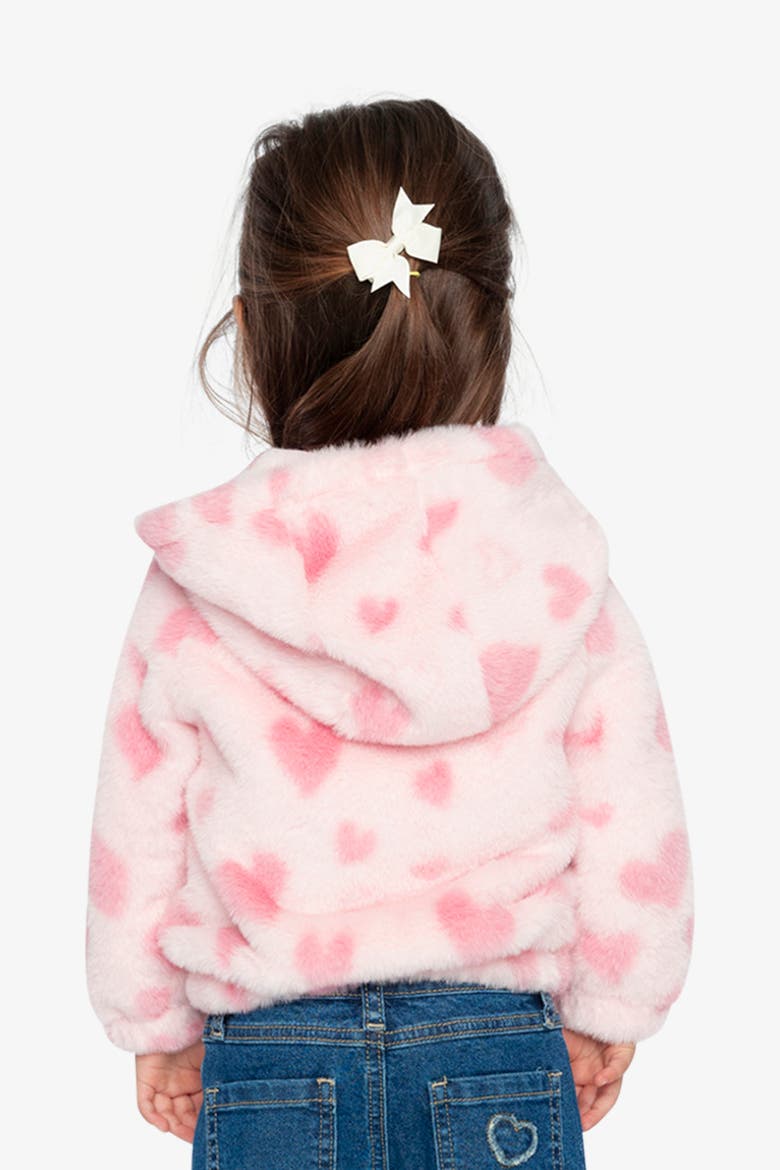 Hooded Full Zip Heart Jacquard Kangaroo Pocket Faux Fur Jacket, Alternate, color, Pink Printed with Hearts