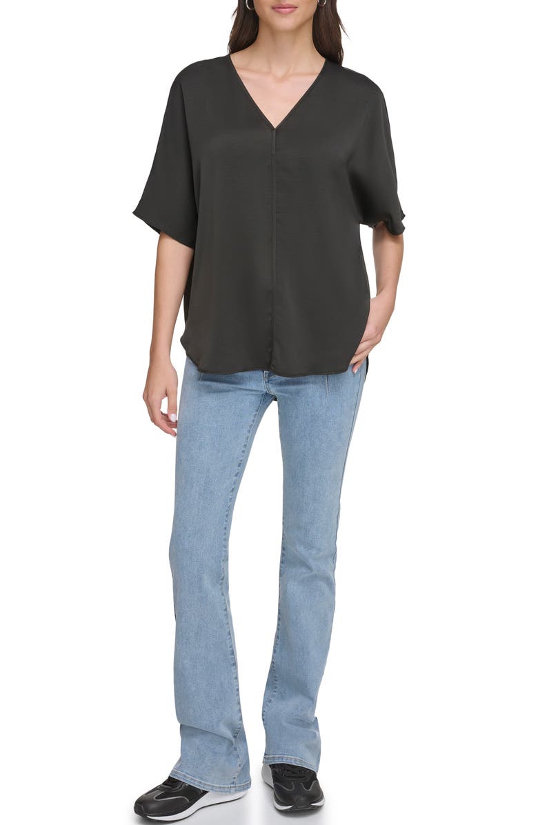 DKNY Short Sleeve Woven Top, Alternate, color, Black