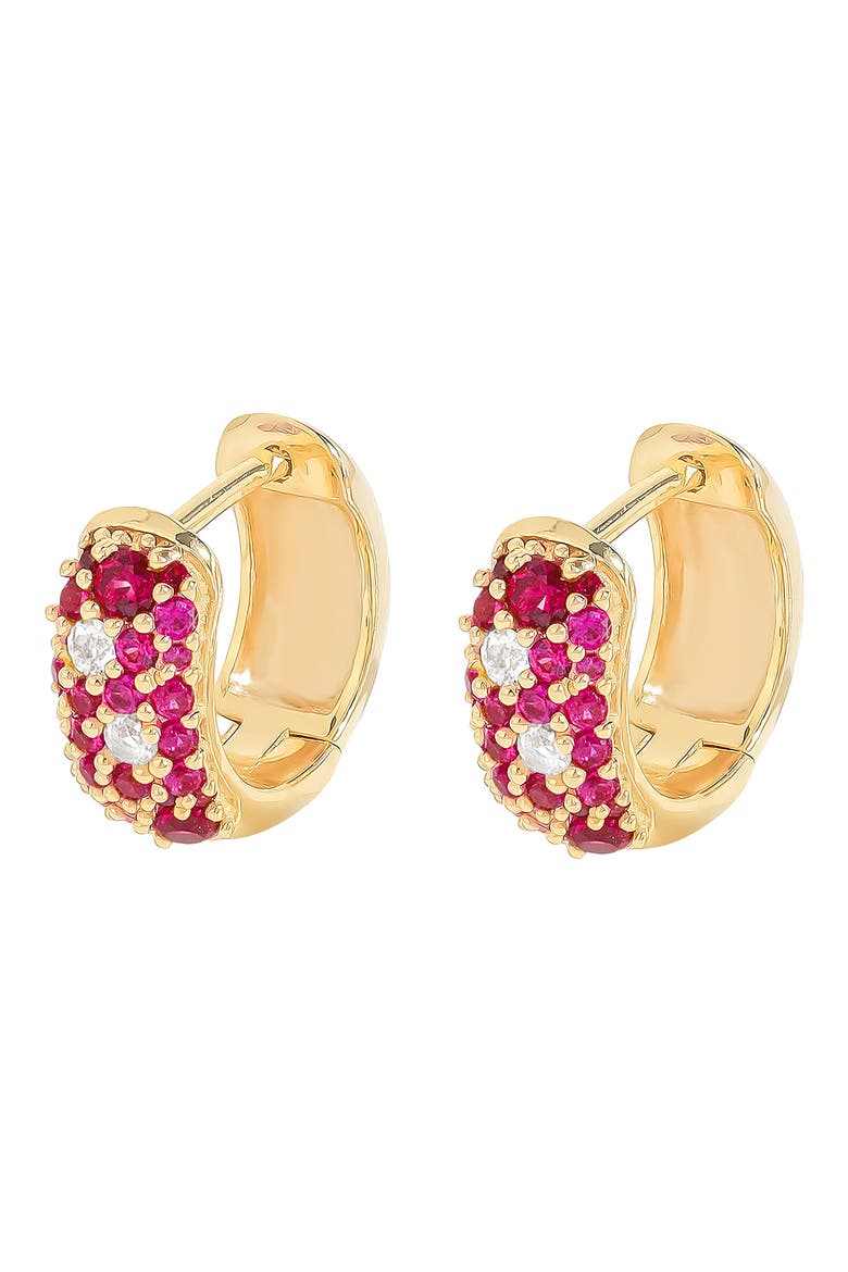 Lab Created Ruby Huggie Hoop Earrings, Alternate, color, PINK