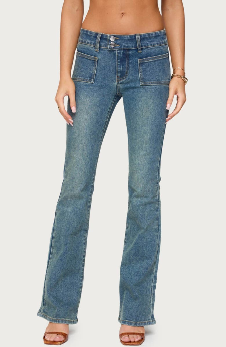 EDIKTED Mattea Patch Pocket Low Rise Flare Jeans, Main, color, Blue-Washed