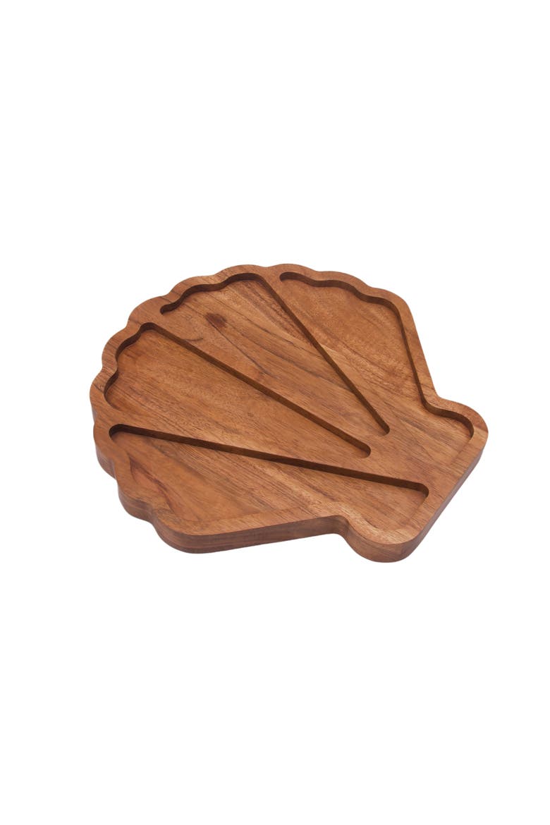 Coastal Scallop Shaped Sectional Wood Novelty Serving Platter 12", Alternate, color, Brown