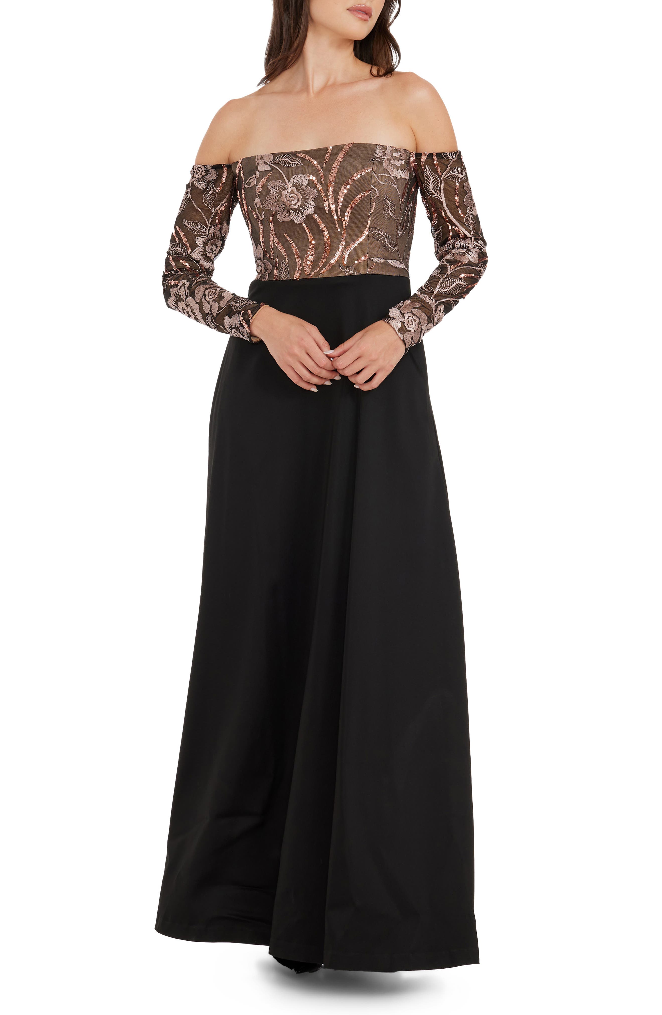 Dress the Population Margaret Sequin Embroidered Off the Shoulder Long Sleeve Gown