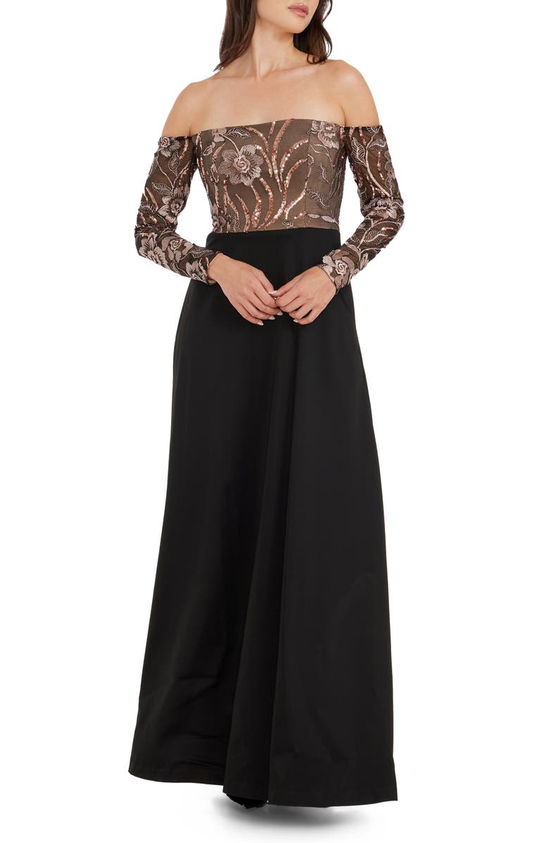 Dress the Population Margaret Sequin Embroidered Off the Shoulder Long Sleeve Gown, Main, color,