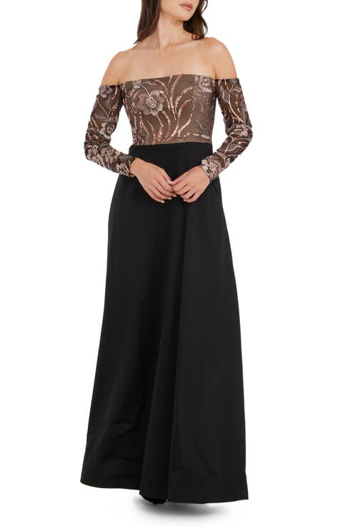 Margaret Sequin Embroidered Off the Shoulder Long Sleeve Gown