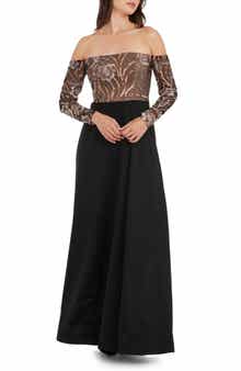Dress the Population Margaret Sequin Embroidered Off the Shoulder Long Sleeve Gown