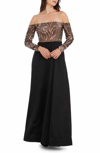 Dress the Population Margaret Sequin Embroidered Off the Shoulder Long Sleeve Gown