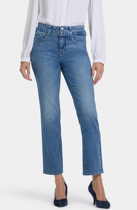 Marilyn Belted High Waist Straight Leg Jeans (Washed Crystal)