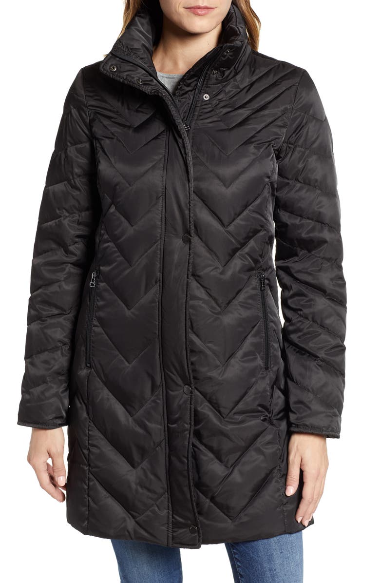 Marc New York Matte Satin Chevron Faux Fur Trim Coat, Alternate, color, 