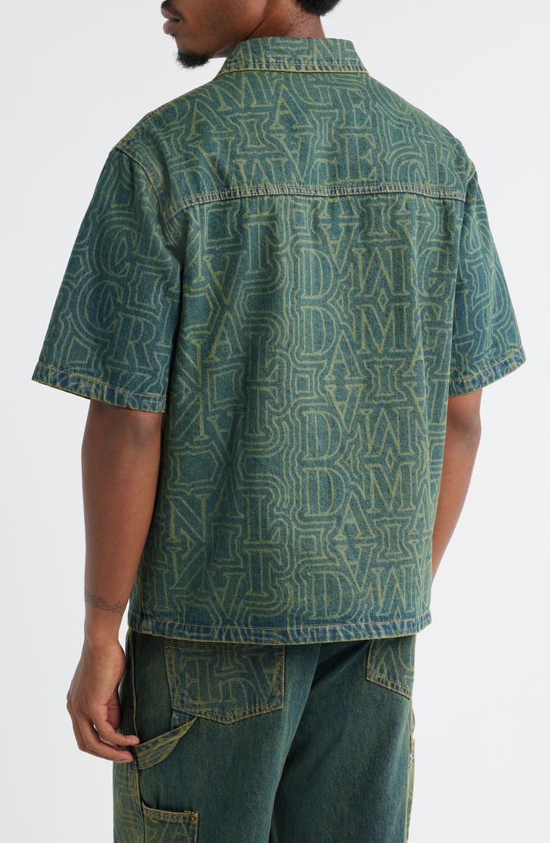 CRIMINAL DAMAGE Berkeley Monogram Short Sleeve Cotton Denim Button-Up Shirt, Alternate, color, Dirty Blue
