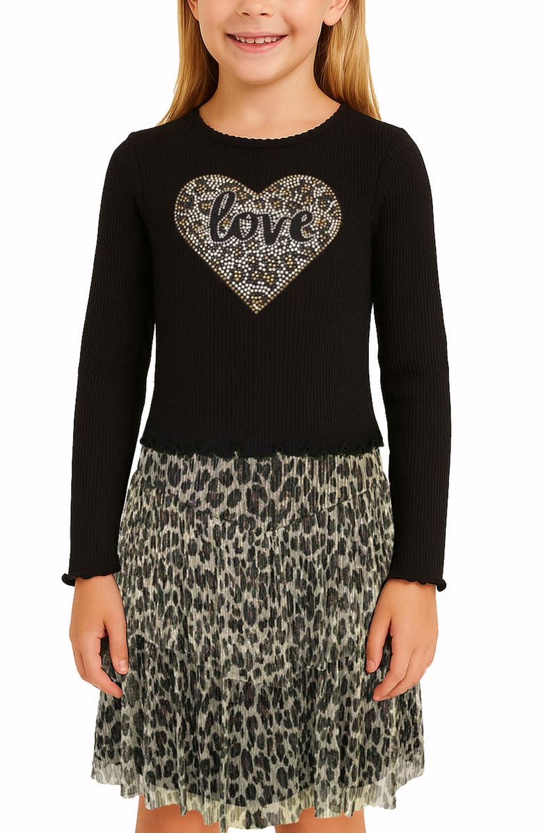 Zunie Kids' Leopard Heart Twofer Dress, Alternate, color, Black/ Tan