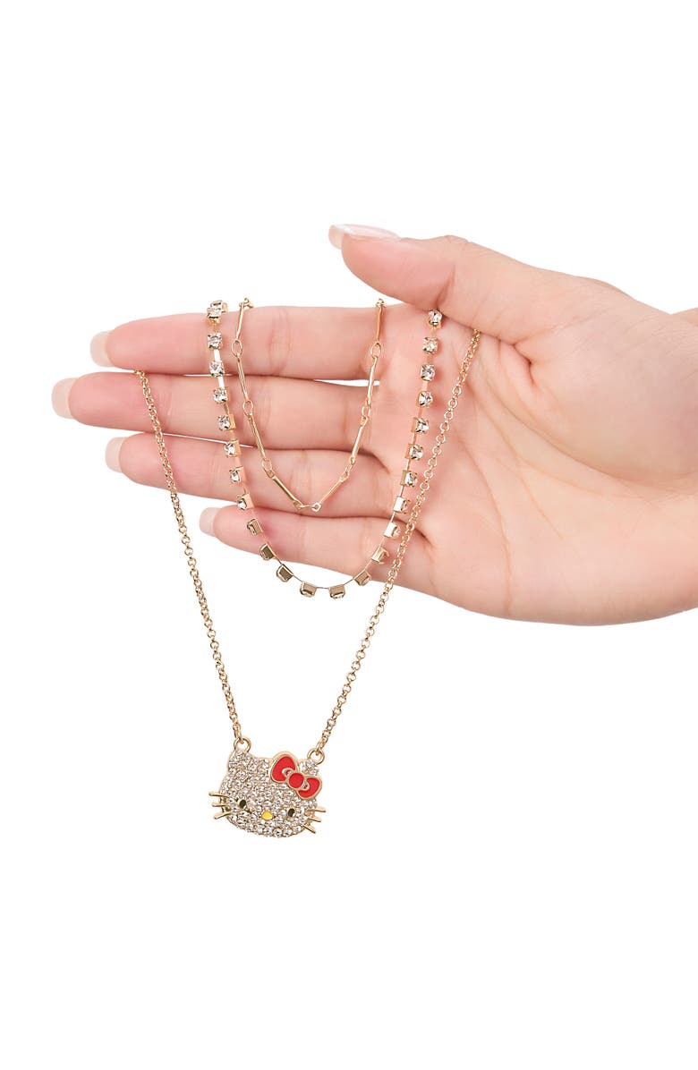 Hello Kitty Double Chain Necklace with Crystal Embellished Charm, Alternate, color, Gold Tone