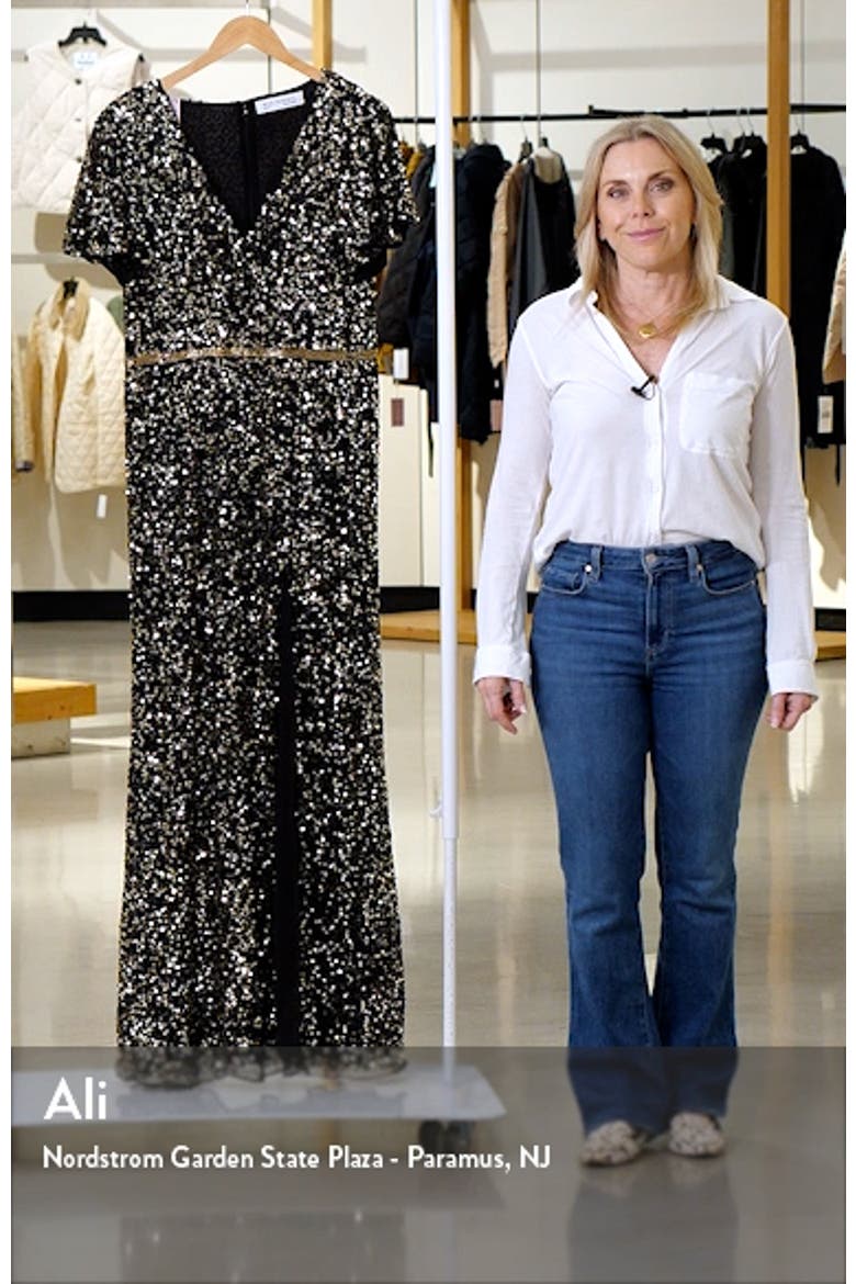 Sequined Wrap Over Butterfly Sleeve Draped Gown video