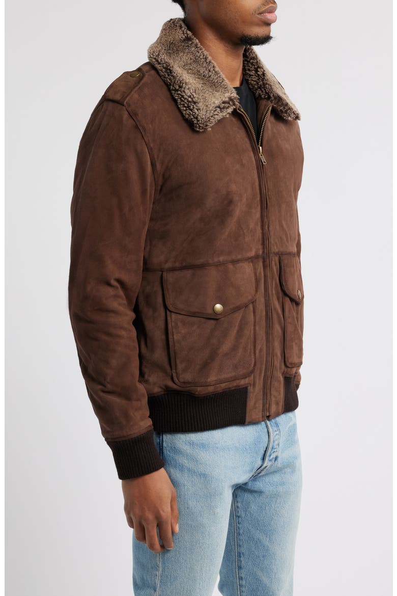 Suede Flight Jacket with Genuine Shearling Collar, Alternate, color, DARK BROWN