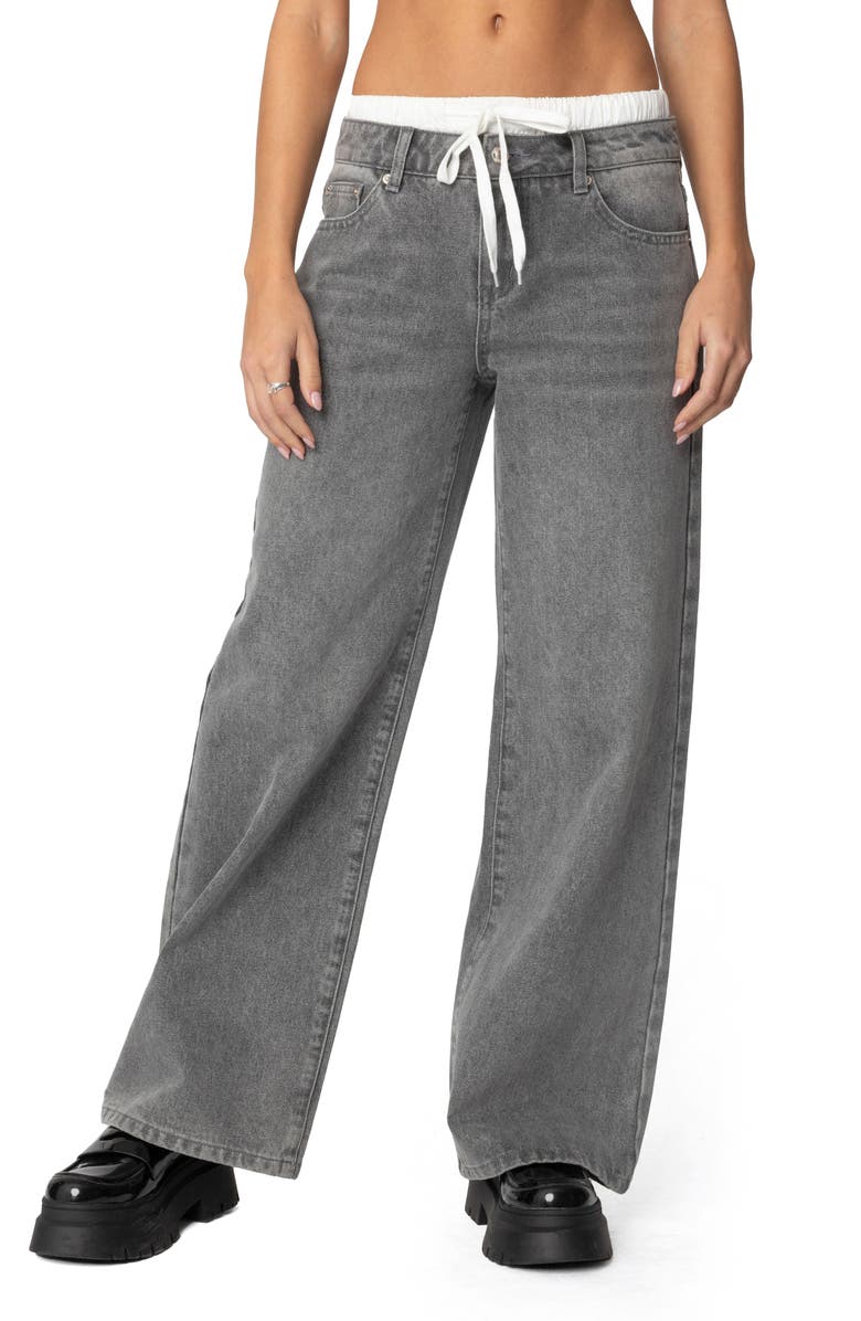 EDIKTED Drawstring Boxer Detail Wide Leg Jeans, Main, color, Gray-Washed