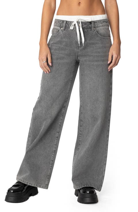 Drawstring Boxer Detail Wide Leg Jeans