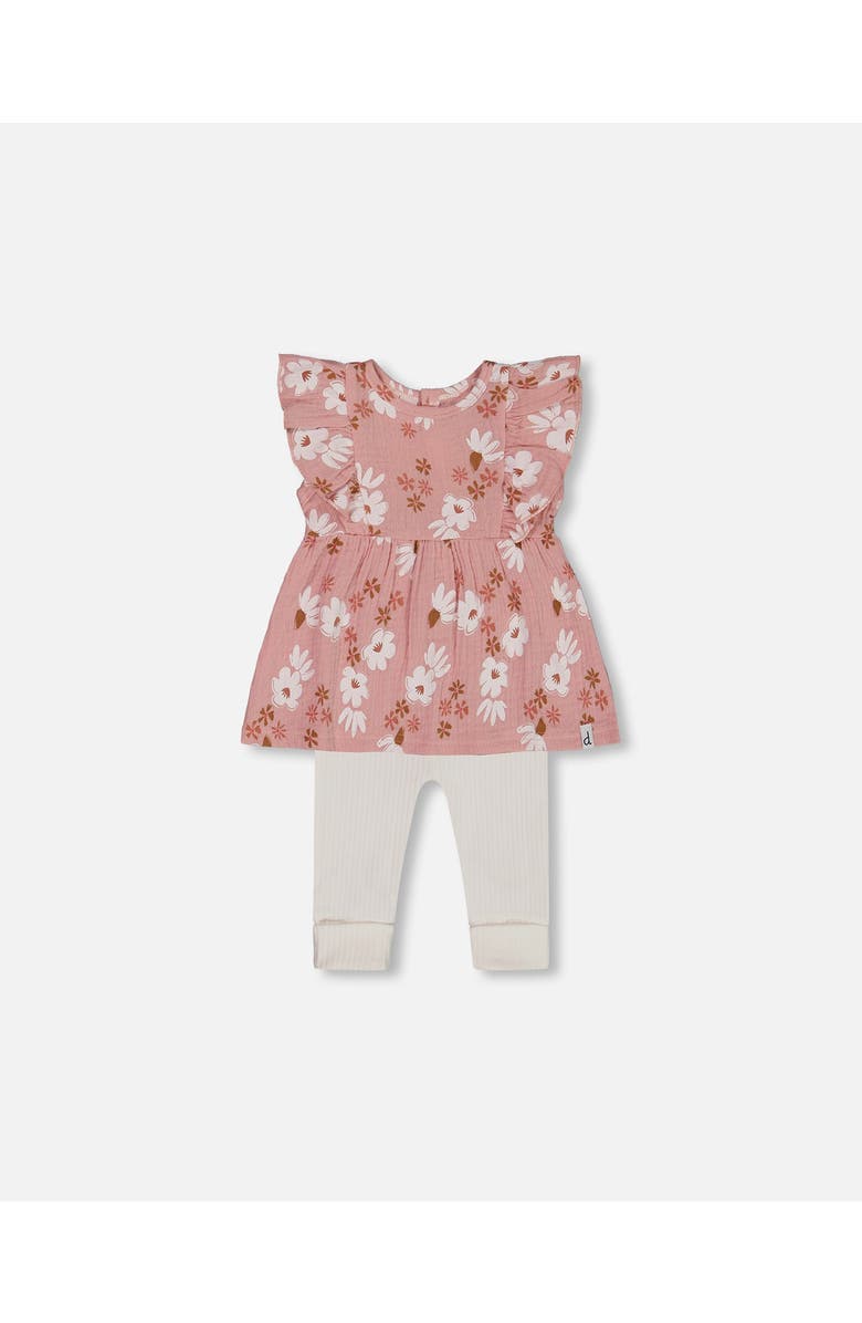 Deux par Deux Baby Girl's Printed Muslin Tunic And Rib Leggings Set Pink And White Flowers, Main, color,