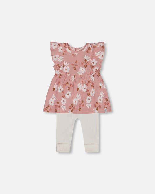 Deux Par Deux Baby Girl's Printed Muslin Tunic And Rib Leggings Set Pink And White Flowers In Pink And White Flowers