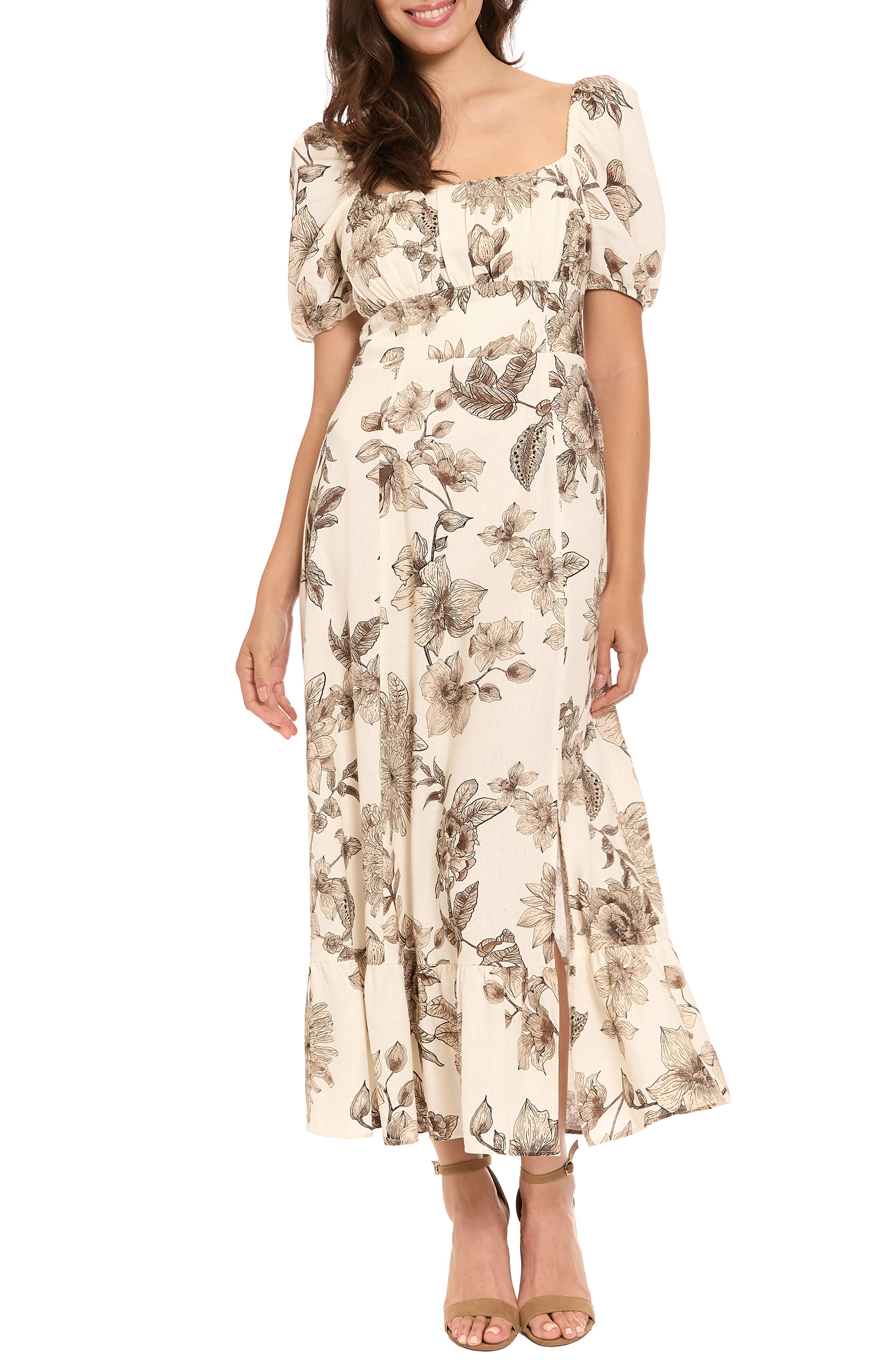 London Times Puff Sleeve Empire Waist Midi Dress