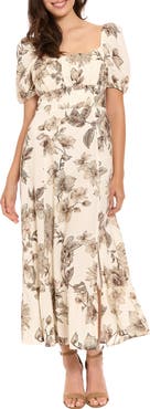 London Times Puff Sleeve Empire Waist Midi Dress
