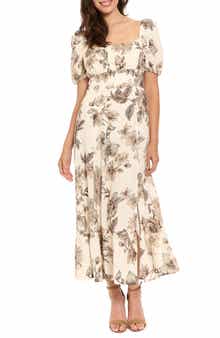 London Times Puff Sleeve Empire Waist Midi Dress