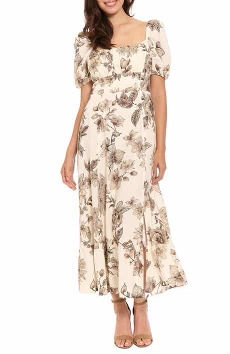London Times Puff Sleeve Empire Waist Midi Dress