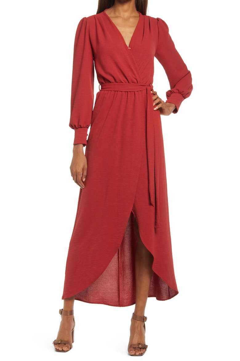 Long Sleeve Faux Wrap Dress, Main, color, RUST