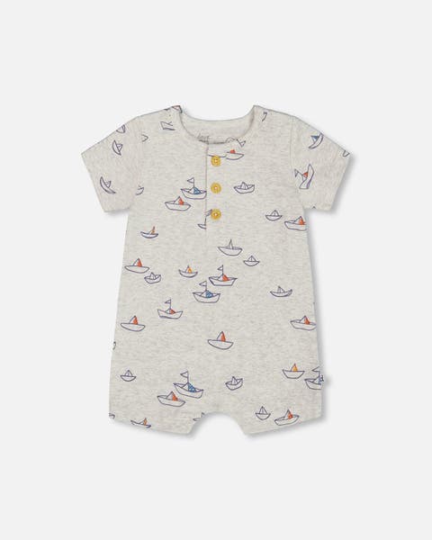 Deux Par Deux Jersey Romper - Printed Blue Sailboats Deux Par Deux Jersey Romper - Printed Blue Sailboats