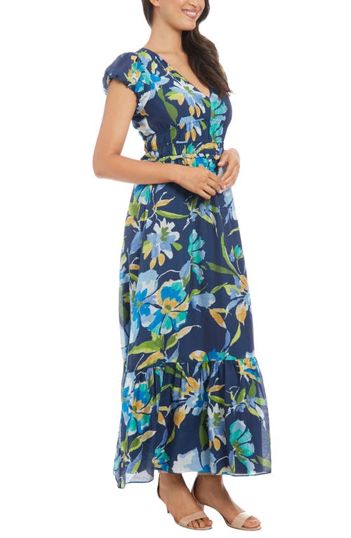 London Times Floral Cap Sleeve Empire Waist Chiffon Maxi Dress In Navy Denim