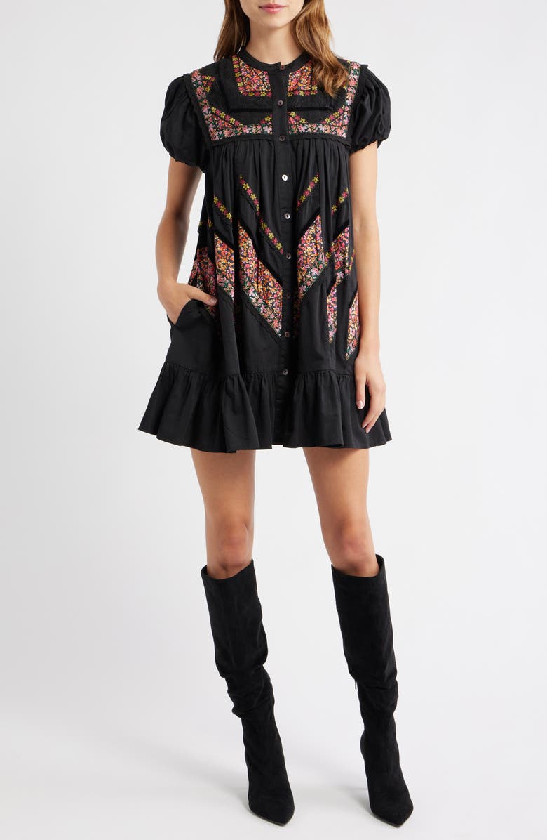 LOVE THE LABEL Molly Embroidered Ruffle Puff Sleeve Minidress, Main, color, Black