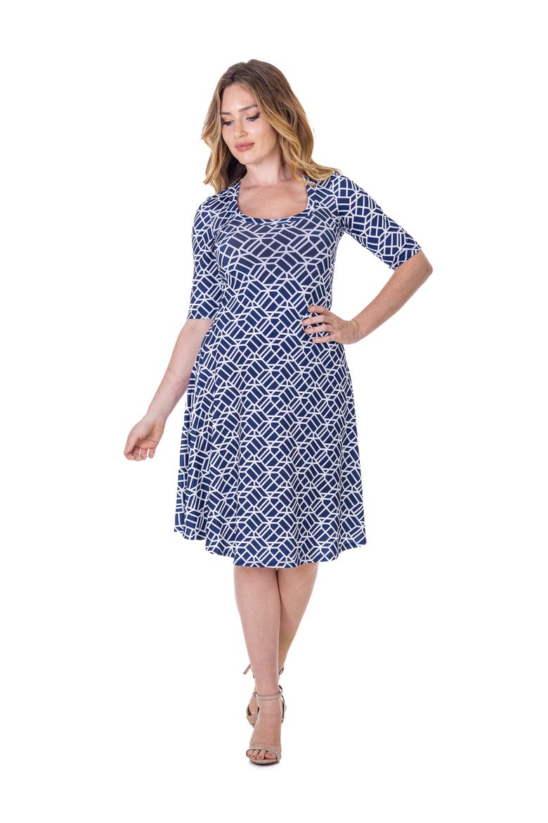 Geometric Print Knee Length Elbow Sleeve Dress, Main, color, Navy Multi