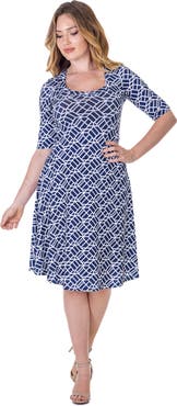 24seven Comfort Apparel Geometric Print Knee Length Elbow Sleeve Dress