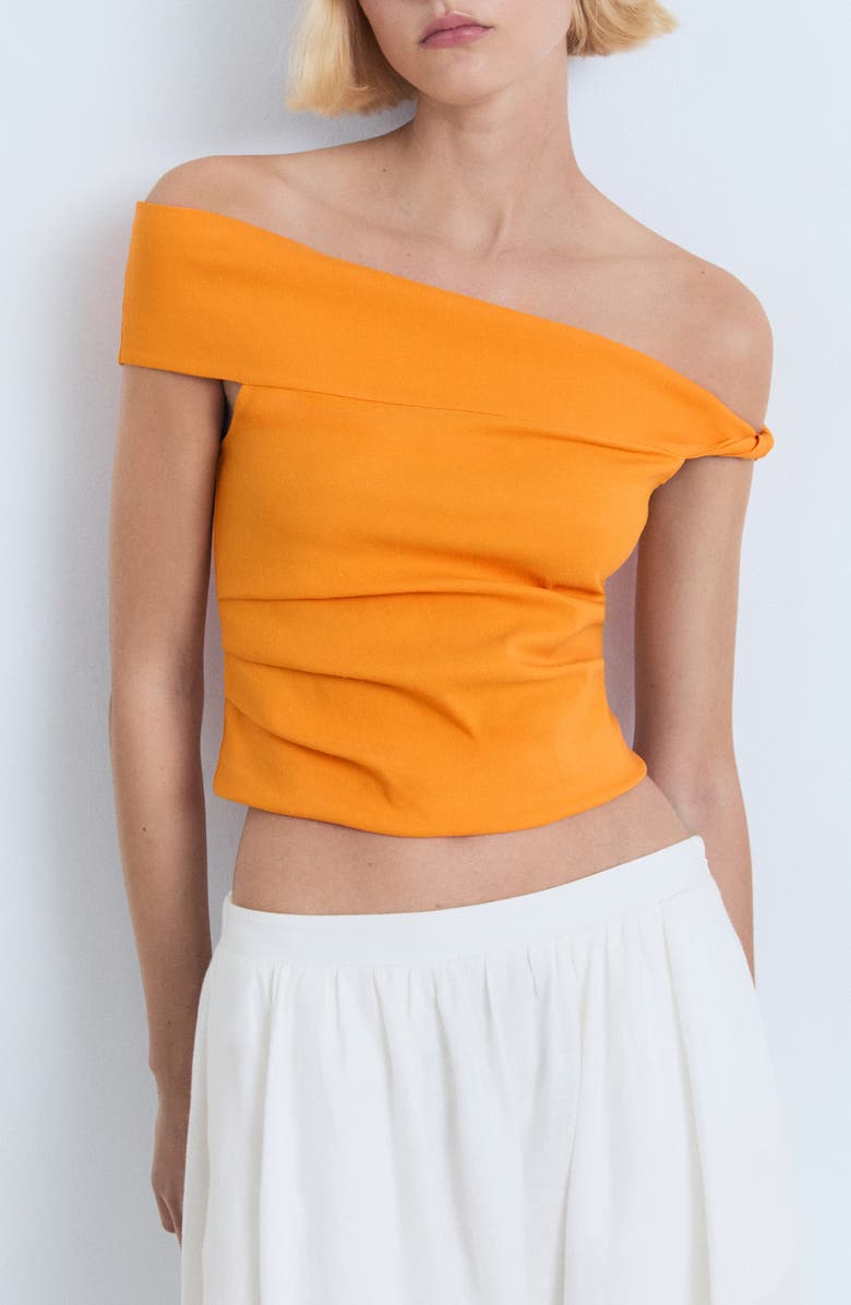MANGO Pleated One-Shoulder Top, Main, color, Orange