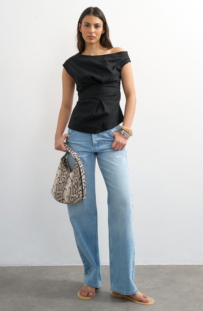 Topshop Off the Shoulder Ruched Pleat Waist Top, Alternate, color,