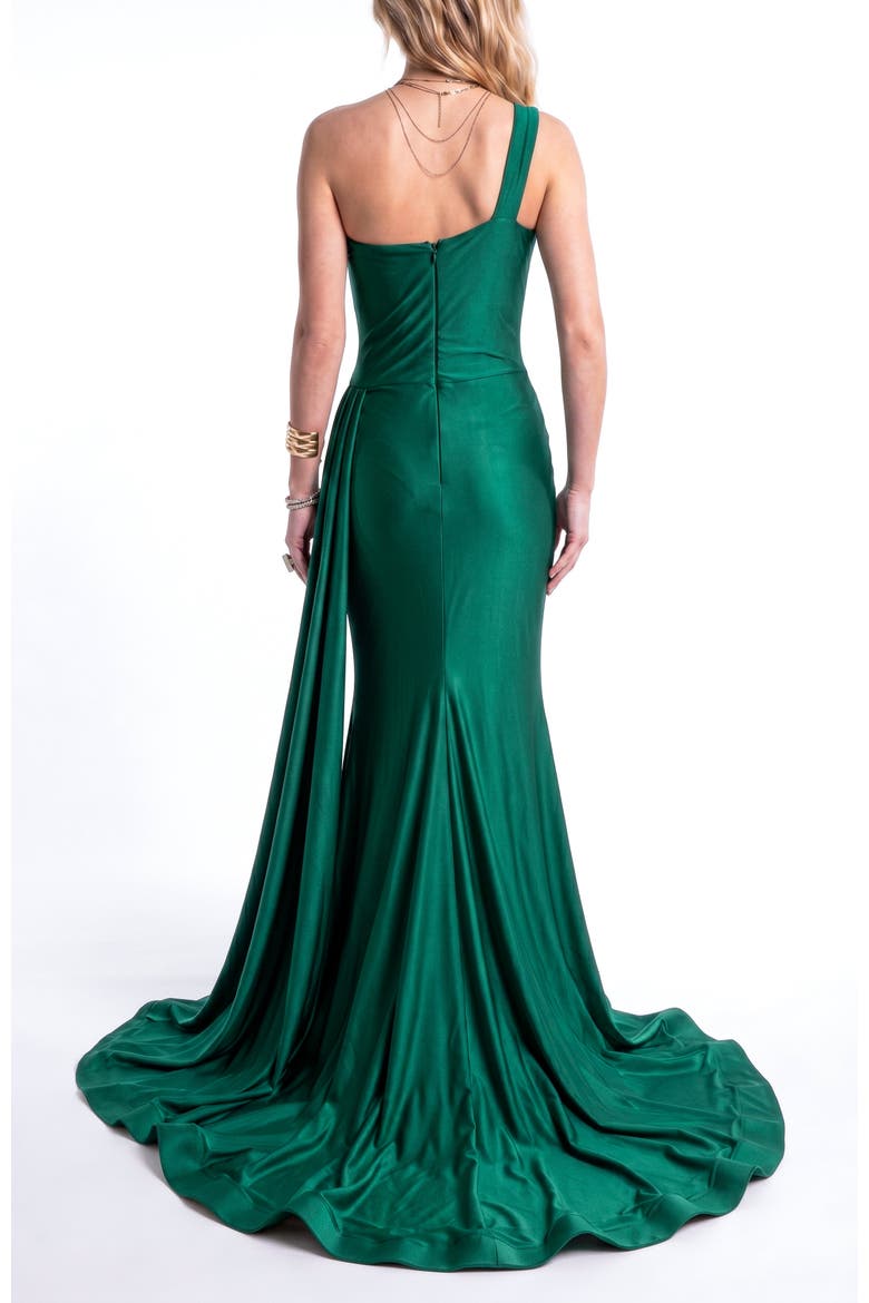 One-Shoulder Draped Satin Mermaid Gown With Side Cascade, Alternate, color, Forest Green