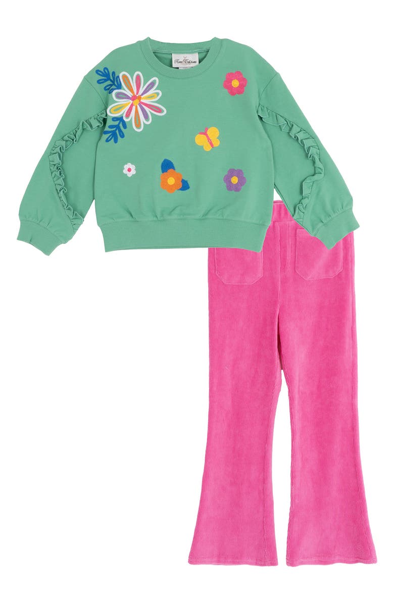 Rare Editions Kids' Floral Appliqué Sweatshirt & Flared Leggings Set, Main, color, Green