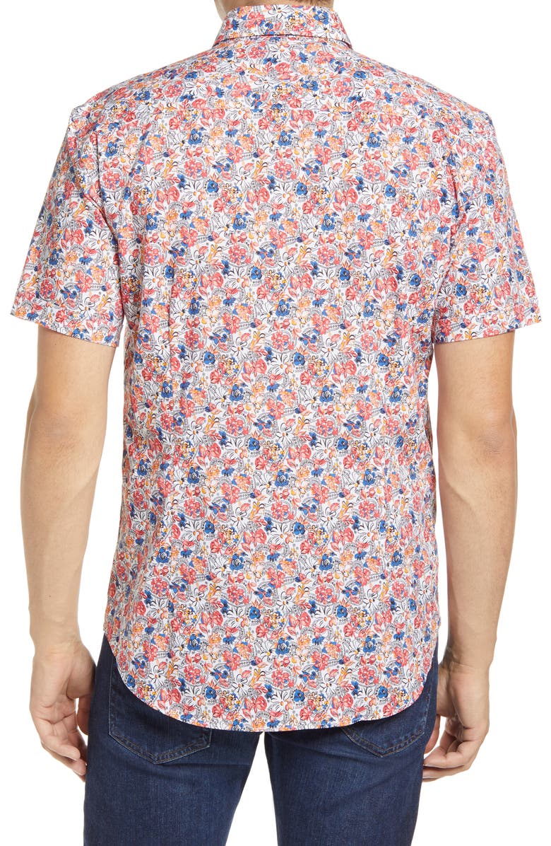 Bugatchi Shaped Fit Print Short Sleeve Button-Up Shirt, Alternate, color, 