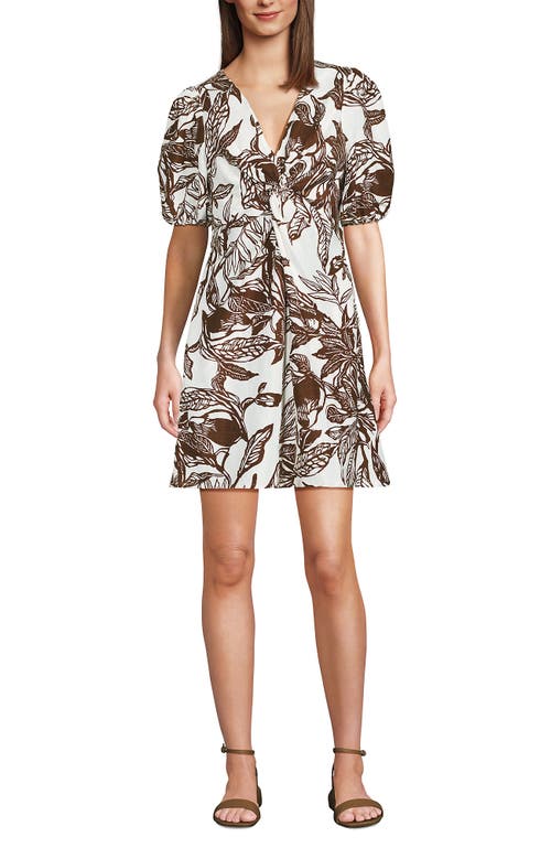 Lands' End Linen Above The Knee Puff Sleeve Dress In Brown
