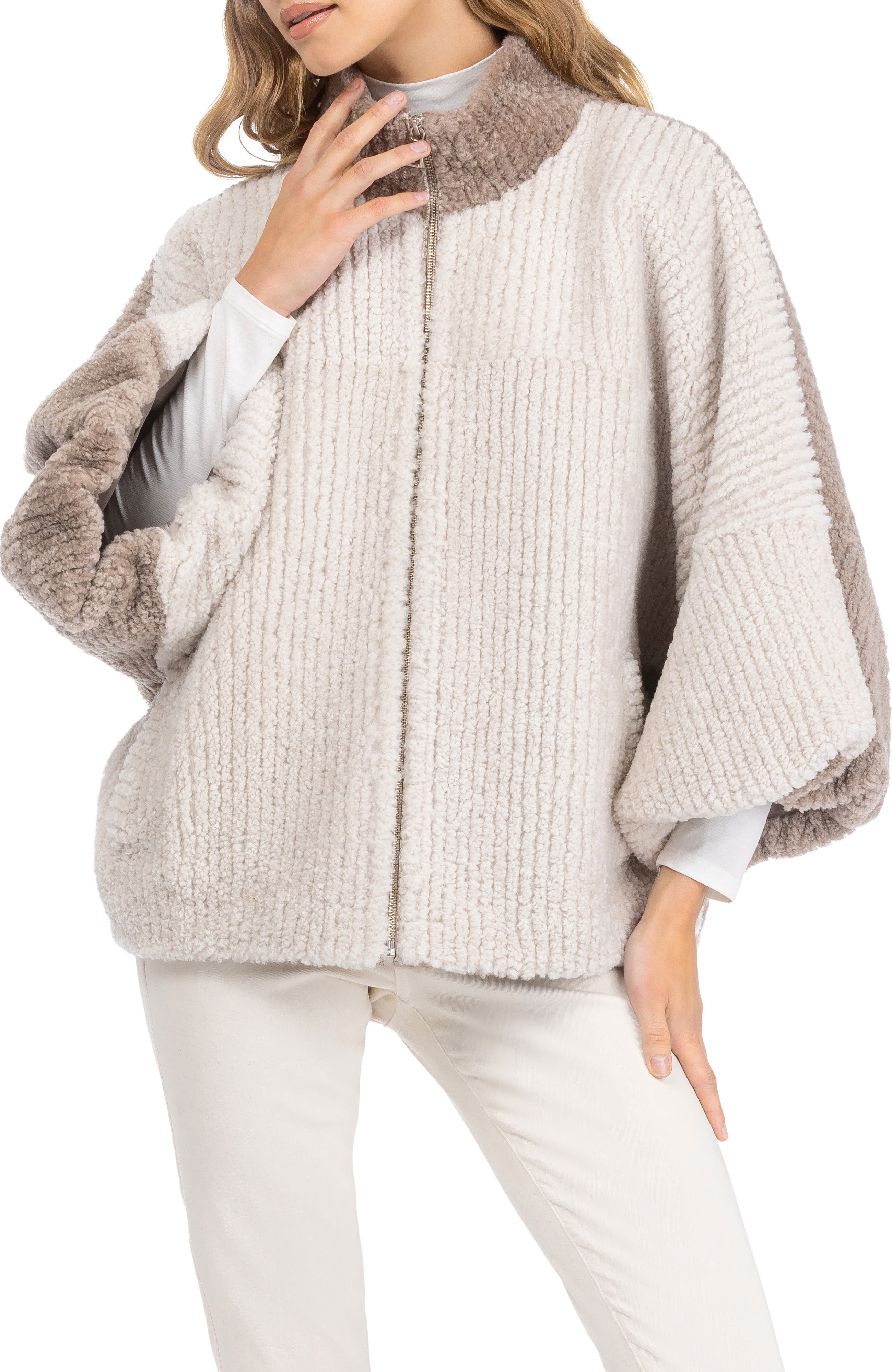 Genuine Shearling Zip Jacket with Cropped Sleeves