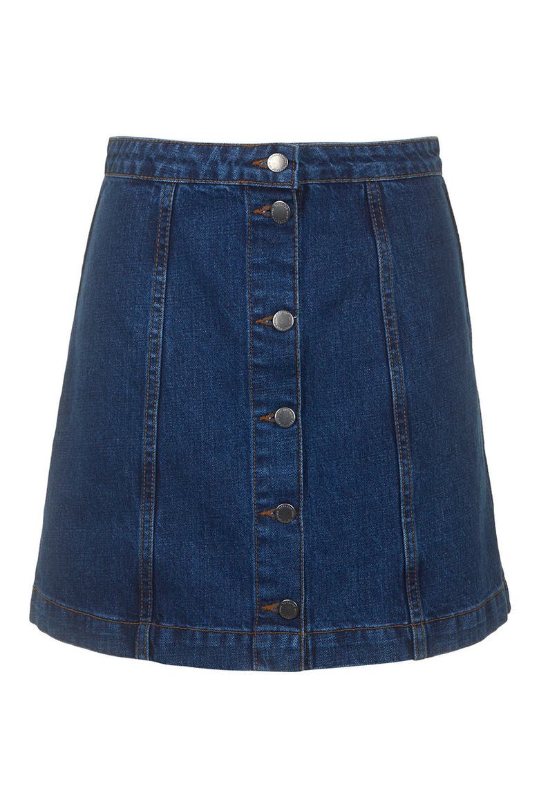 Moto Button Front Denim Miniskirt, Alternate, color, MID DENIM