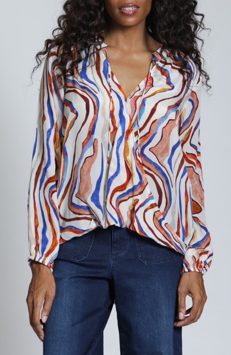 APNY Print Surplice Neck Top, Main, color, Brown Blue Multi