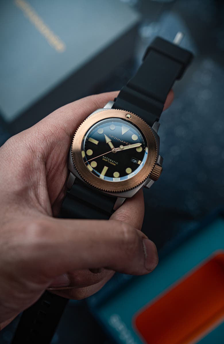 SPINNAKER Hull Titanium Bronze Automatic Lapidary Black Onyx Silicone Strap Watch, 42mm, Alternate, color, 