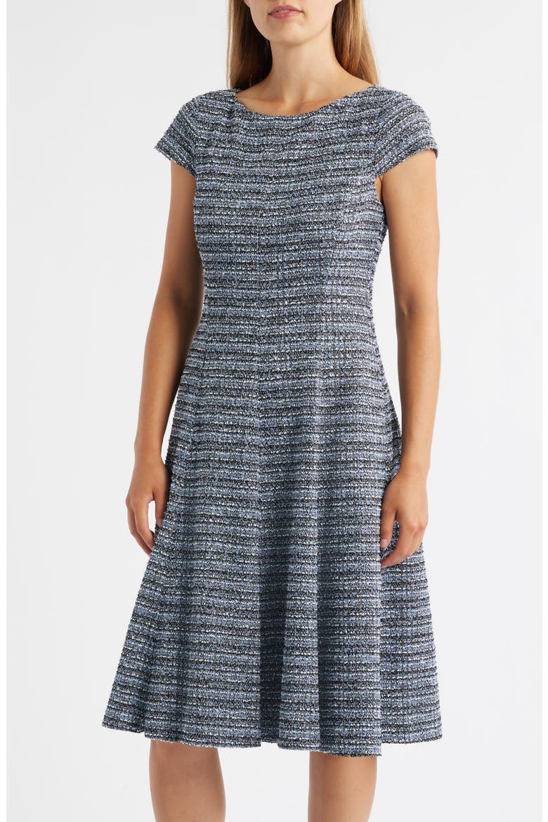 Tweed Cap Sleeve Fit & Flare Dress, Main, color, BLACK BLUE